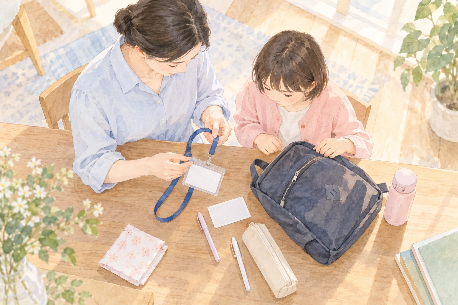 架空の親子を描いた温かな水彩挿絵：『【中学受験】当日の持ち物と受験票ホルダー』