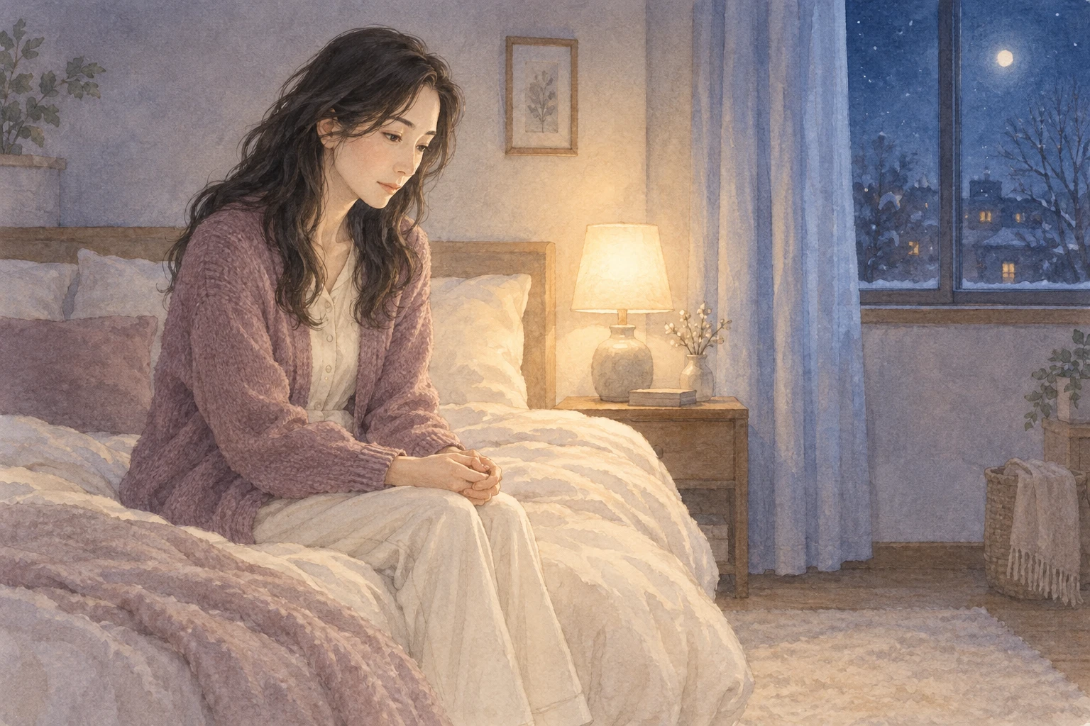 冬の夜、ベッドの端で子どもの気持ちを案じる母。受験の結果を超えて子どもを守りたい想いを表す架空の水彩イメージ。