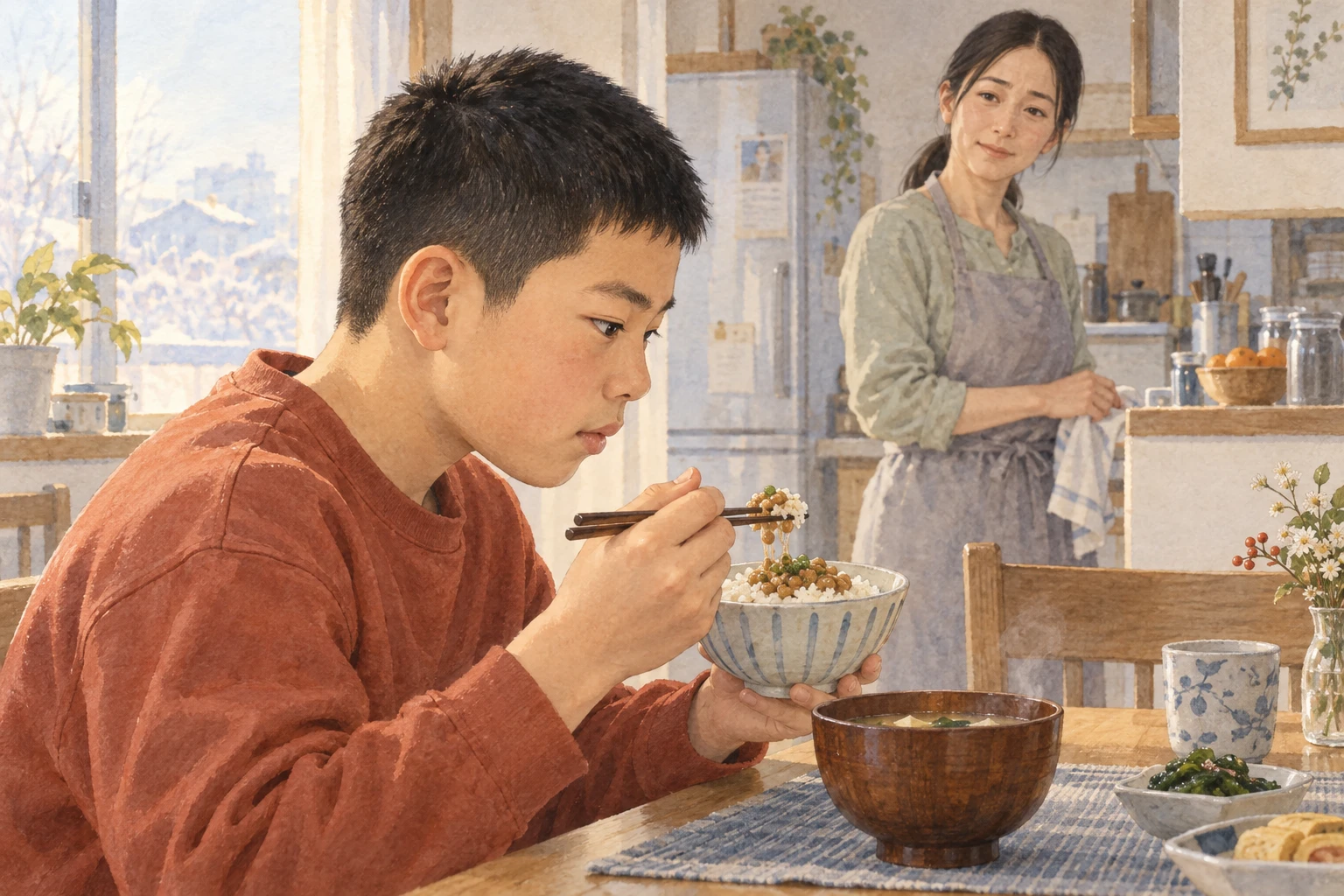 試験前の納豆ご飯と味噌汁の朝食を食べる息子と、見守る母の架空のイメージ。息子は短い刈り上げ・広い頬・赤茶色、母は低い黒髪ポニーテール・面長・眼鏡なし・淡いセージ色。息子の横顔を大きく前景、母を離れた背景にし他作品と差別化。容姿と室内は創作。