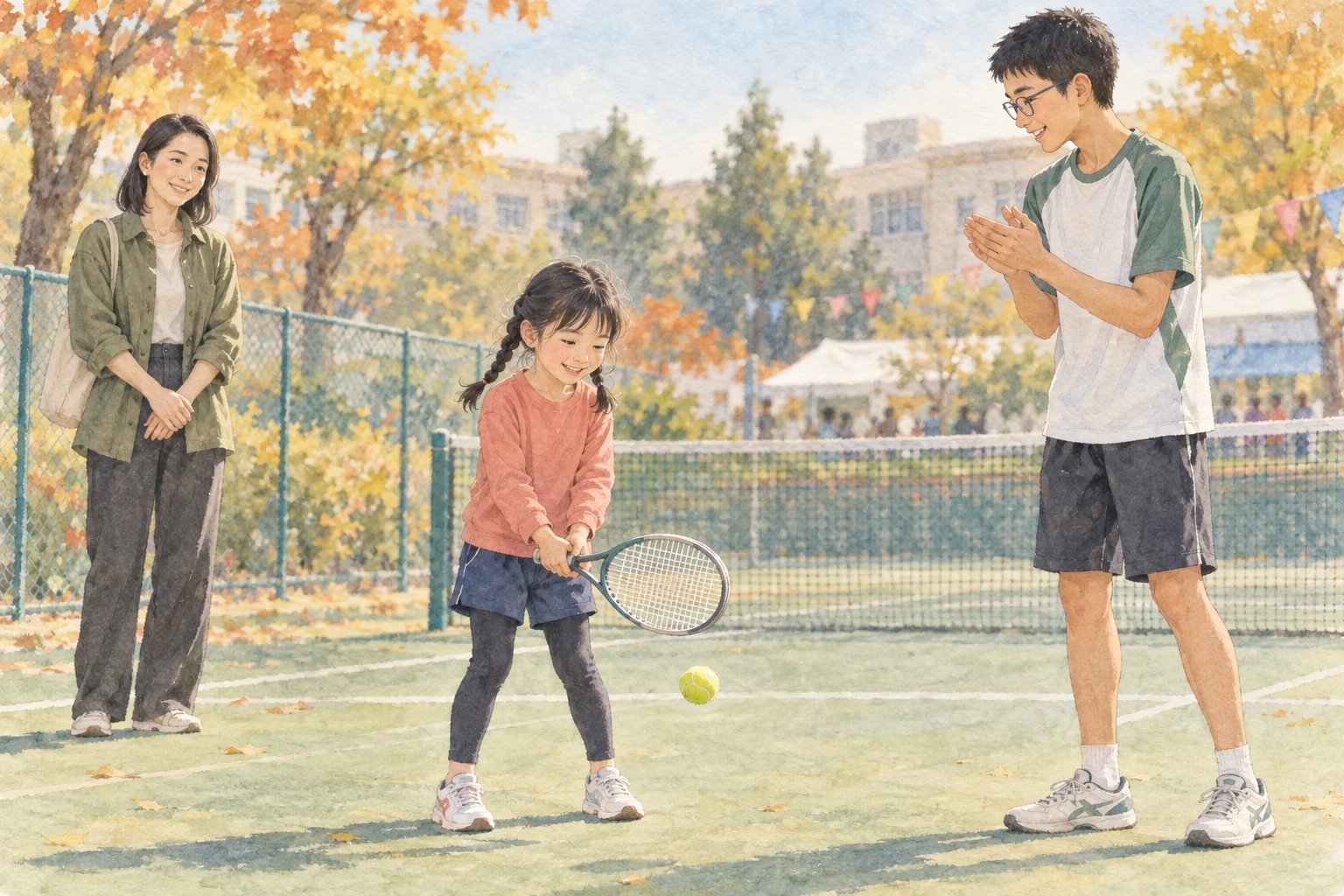 文化祭のテニス体験で幼い娘を拍手で励ます中学生と、少し離れて見守る母。出会った優しさを表す架空の水彩イメージ。