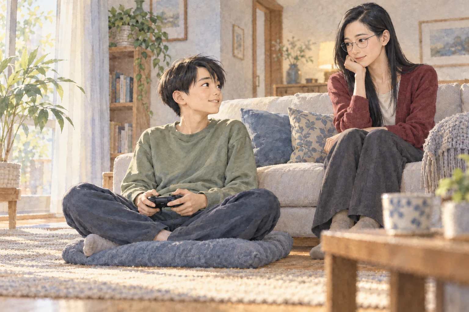 ゲームをしながら受験の日々を母に話す架空の母子。母は長い黒髪・楕円眼鏡・細面・葡萄色、息子は横分けの直毛・細面・セージ色。床とソファの高低差で構図を変えた。生成時に加わった本文にない猫は除去済み。容姿・室内は創作で実在人物の再現ではない。