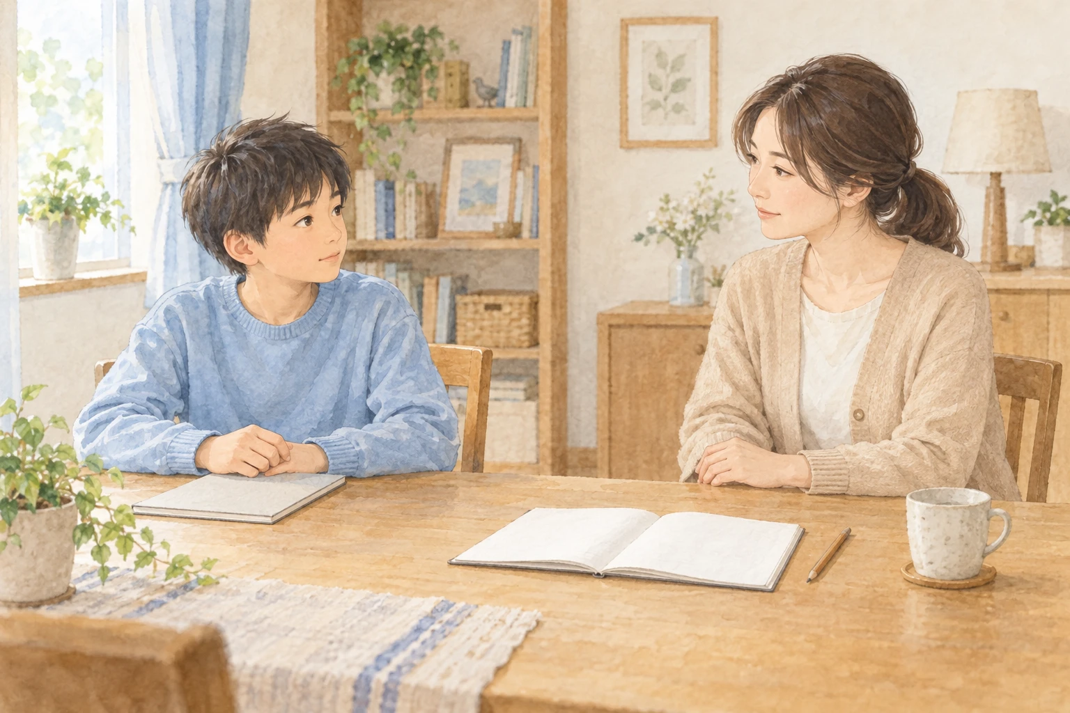 家庭の学習机で少し距離を置いて静かに話す架空の母子。子どもの気持ちを尊重する対話を表したオリジナル水彩イメージ。