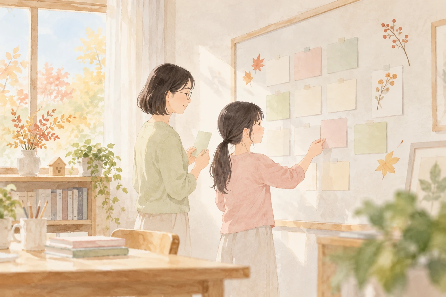 架空の親子を描いた温かな水彩挿絵：【岡山県立中高一貫校受検】小6の9月から何をする？塾なし合格家庭の直前期スケジュール - 岡山県立中高一貫校受験｜塾なし合格 MEGURIブログ