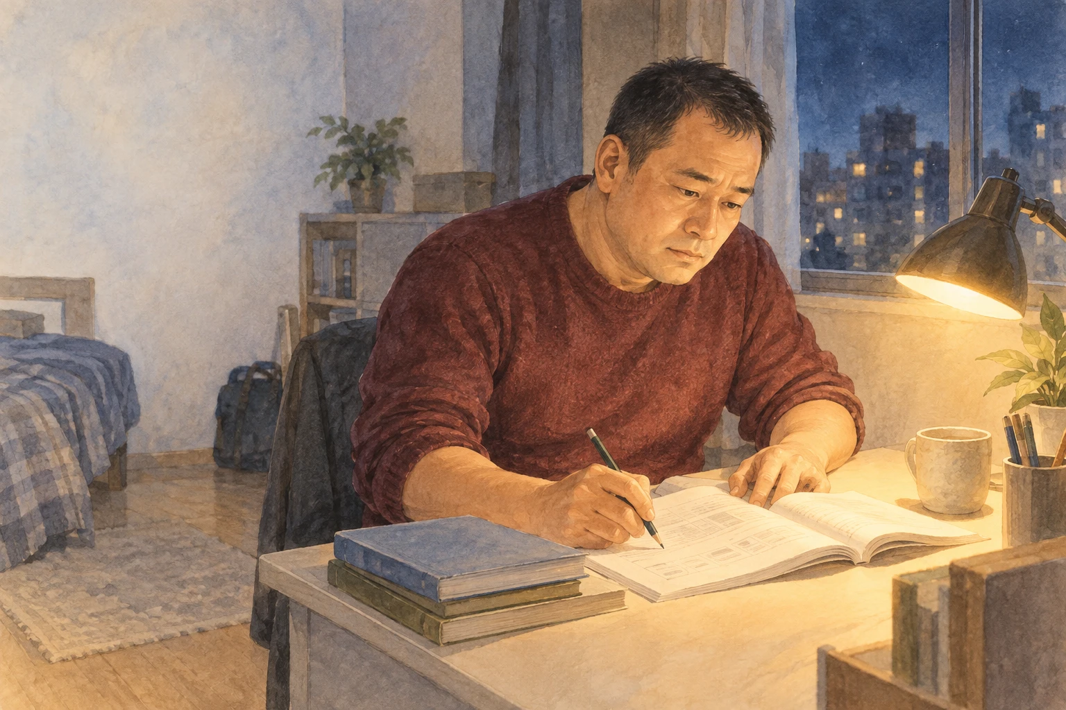 夜の部屋で自分の試験勉強に向き合う父。娘の重圧への気づきと、自らも挑む決意を表す架空の水彩イメージ。