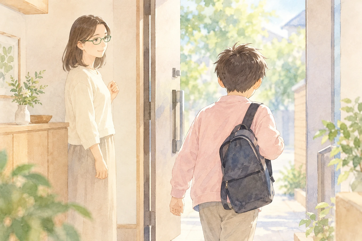 架空の親子を描いた温かな水彩挿絵：早稲田中学校への道