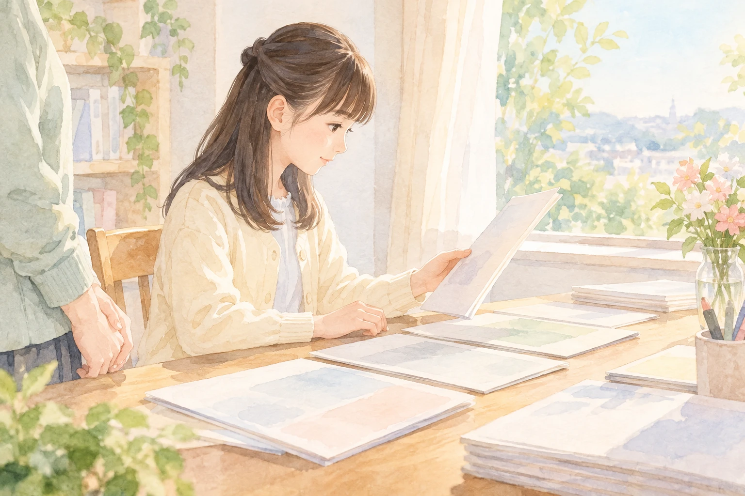 架空の親子を描いた温かな水彩挿絵：誰のためでもない、娘自身の受験でした