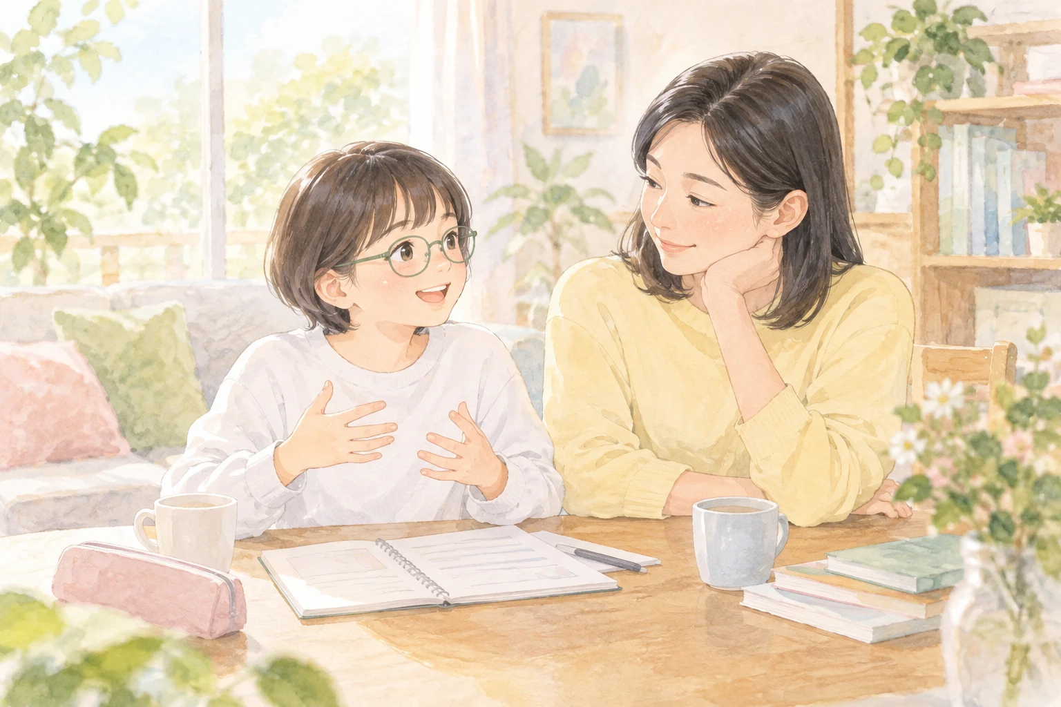 架空の親子を描いた温かな水彩挿絵：6年生からの挑戦