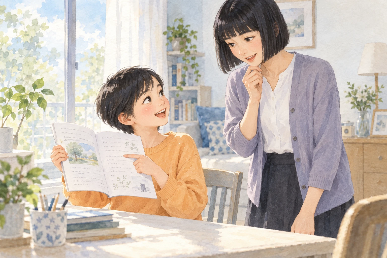 物語を楽しみ母に見せる娘の架空のイメージ。母は黒い直線的なボブ・細面・薄紫、娘は短髪・丸顔・杏色。母を立ち姿にし、夏の夜に寄り添う前作から髪型・輪郭・姿勢・時間帯を変えた。教材の絵と室内は創作。実在の著者親子を再現しない。