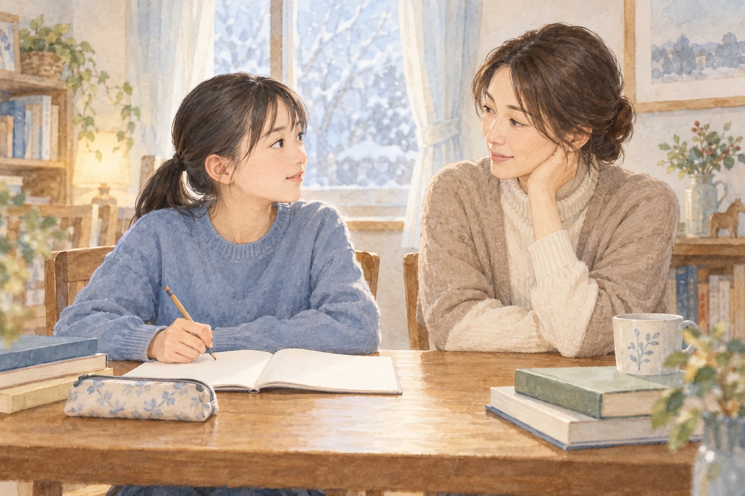 家庭の学習机で静かに話す架空の母娘。親子の対話を表したオリジナル水彩イメージ。