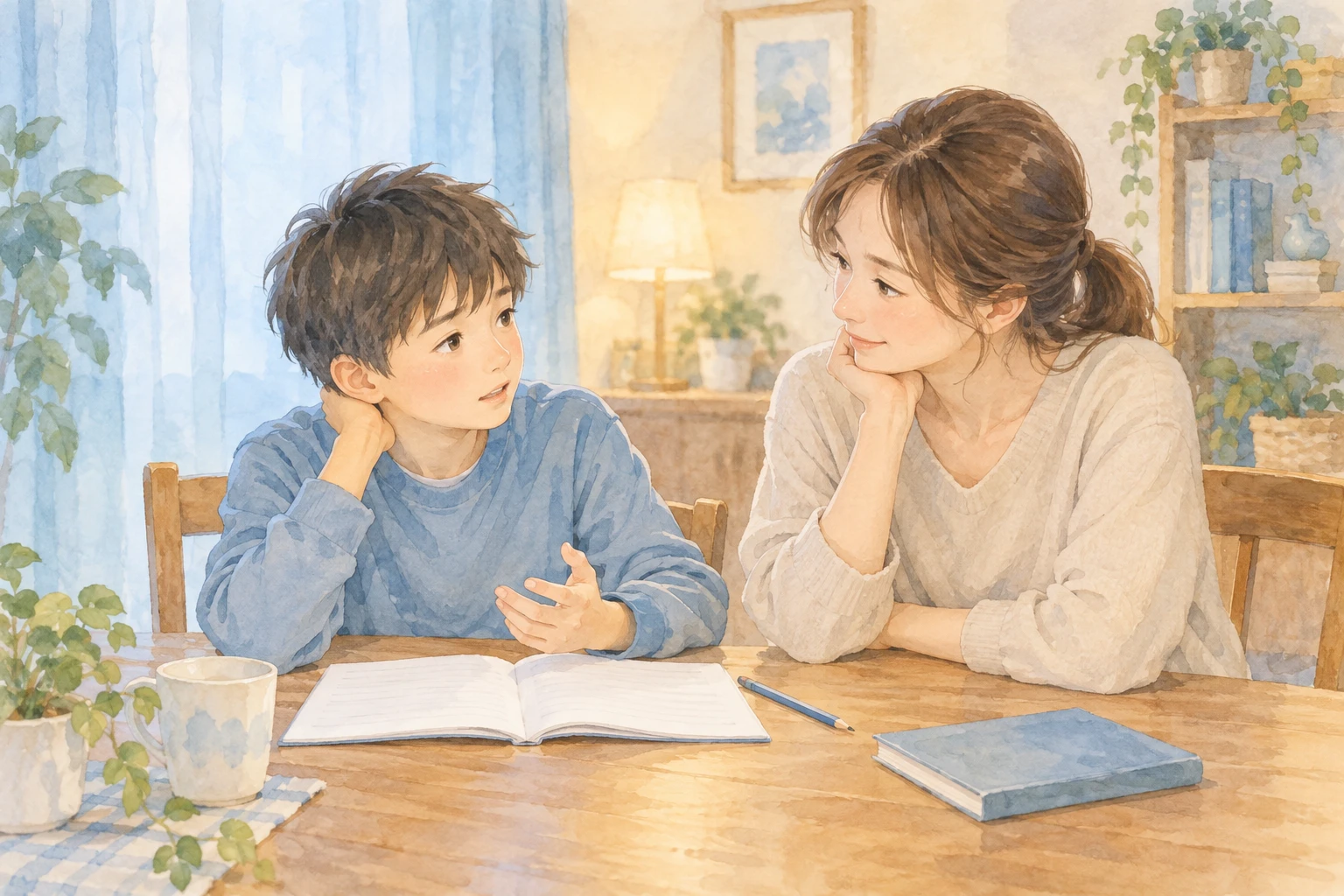 家庭学習の合間に穏やかに話す架空の親子。相談できる安心を表した水彩のオリジナルイメージ。