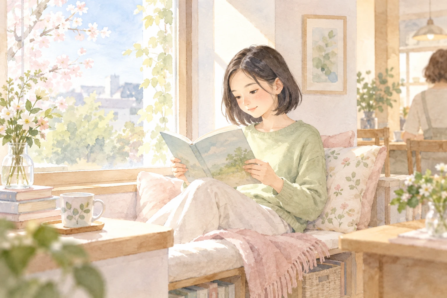 架空の親子を描いた温かな水彩挿絵：かもめの告げる春