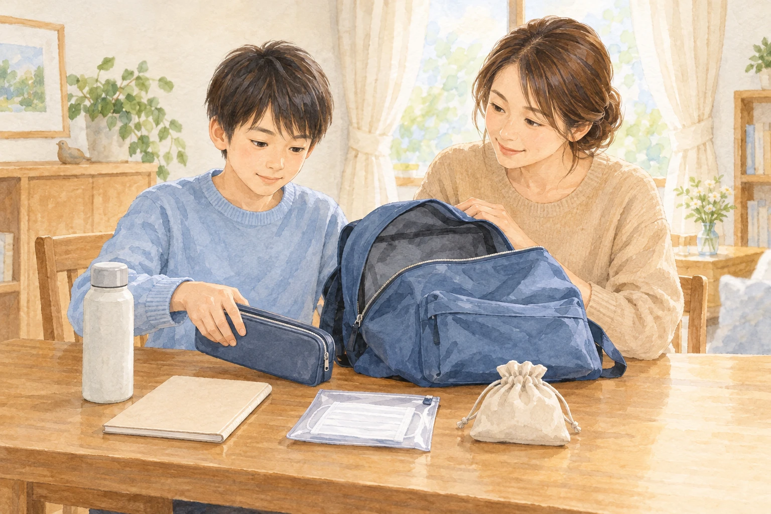 家庭の机で受験用の鞄と持ち物を落ち着いて確認する架空の親子。準備と支え合いを表すオリジナル水彩イメージ。