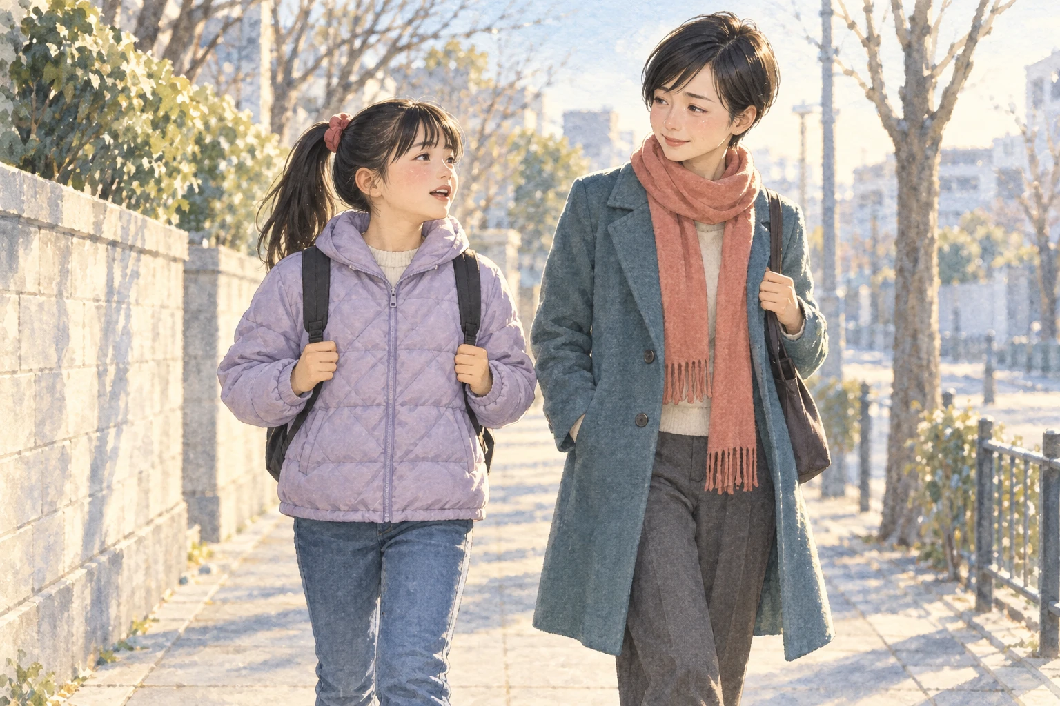 結果を知る前、やり切った気持ちで帰る架空の母娘。娘はシュシュの高いポニーテール・やや四角い輪郭・薄紫、母は短い横流し髪・細面・青緑コート。屋外の歩行と横並びで室内作品から差別化。学校・道・人物の容姿は実物の再現ではない。