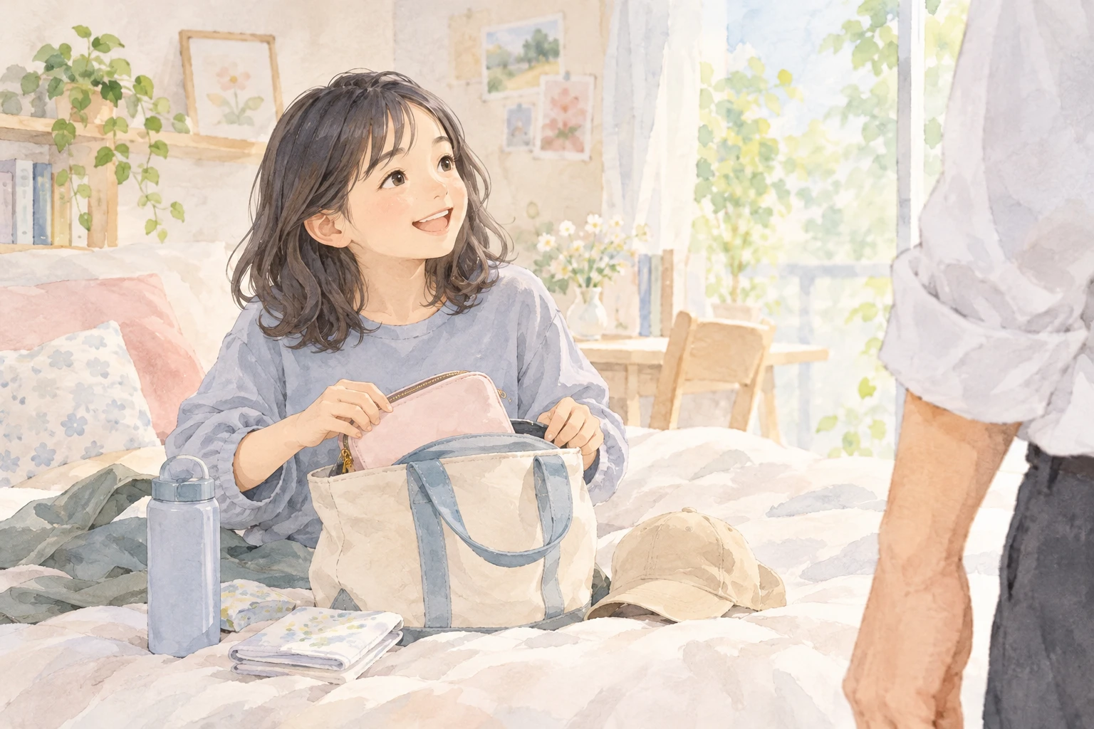架空の親子を描いた温かな水彩挿絵：4年間の成長と受験のその後