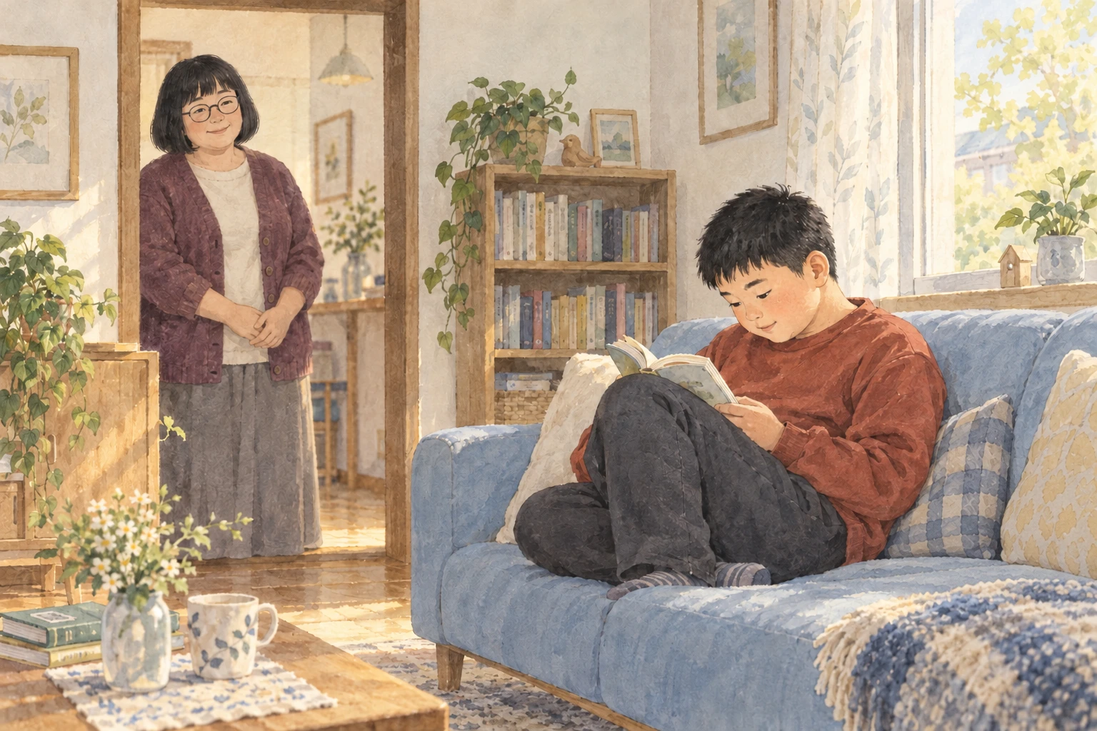 好きな本に夢中になる息子を少し離れて見守る母。子ども独自の学びを信じる気持ちを表す、架空の母子の水彩イメージ。