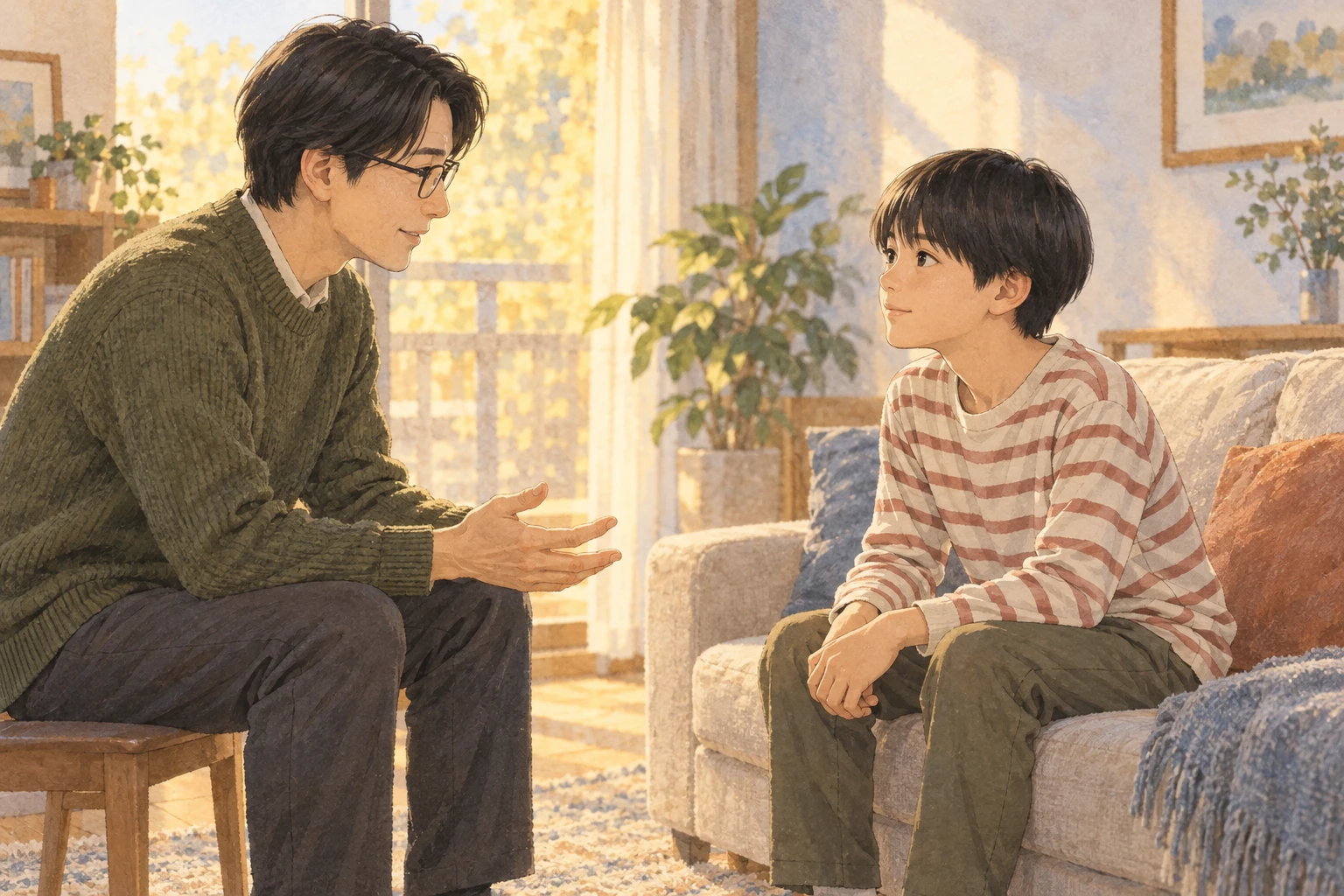 架空の父子が目線を合わせて話すイメージ。細面・角眼鏡・横分けの父と直毛の息子。緑のセーターとくすんだ赤の縞柄、低い椅子とソファで対話する構図にし、前作の屋外・父の後ろ姿と差別化。実在人物の容姿や室内の再現ではない。