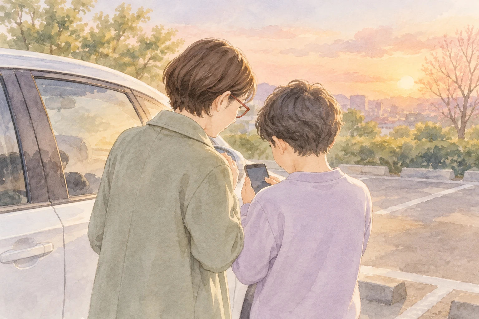 架空の親子を描いた温かな水彩挿絵：のんびり屋の親子