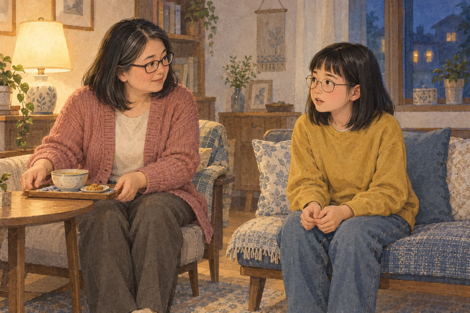 夜食を用意し娘の気持ちを聴く架空の母娘。母は肩までの髪・白髪交じり・角眼鏡・ふっくらした輪郭・くすみ桃色、娘は肩までの髪と短い前髪・丸眼鏡・からし色。教える机ではなく椅子の距離と食事で対話を描く。容姿・食事内容・室内はテーマ上の創作。