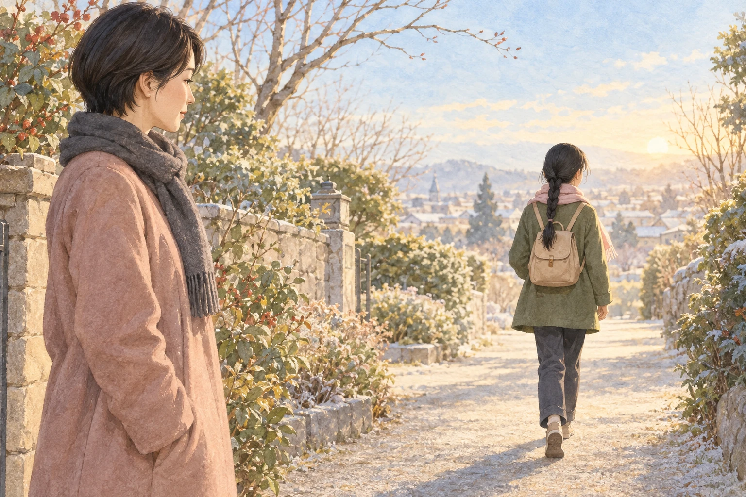 架空の親子を描いた温かな水彩挿絵：第一志望合格！初めての不合格からの復活