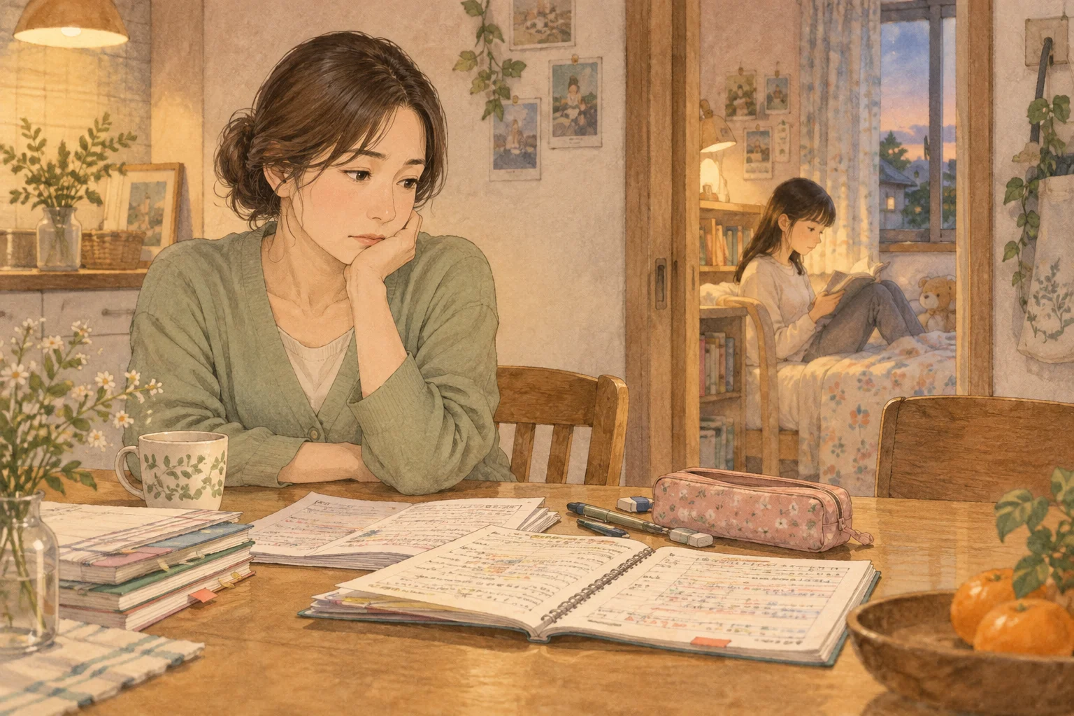 娘の学習ノートを前に、受験期の言葉を静かに振り返る母親のイラスト