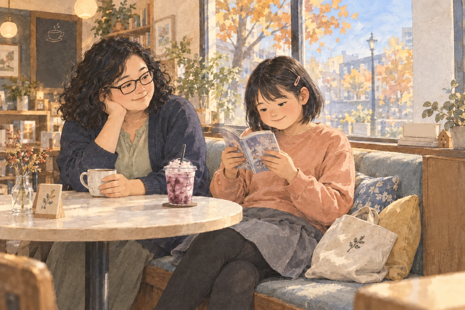 試験後、好きなドリンクと漫画を楽しむ娘と、隣で見守る母。小さな休息を大切にする架空のカフェの水彩イメージ。