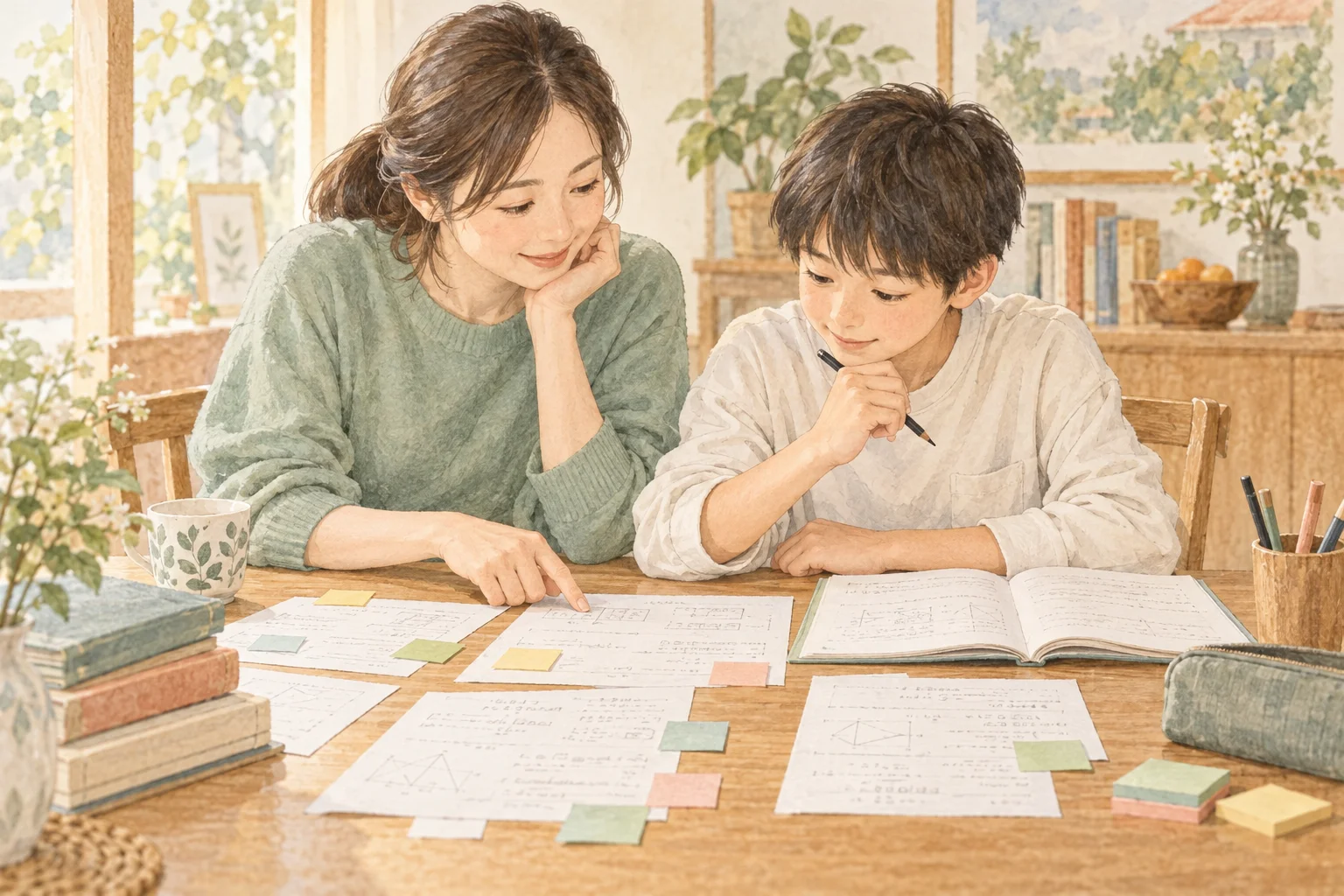 親子で過去問とノートを広げ、次の学習を一緒に考えるイラスト