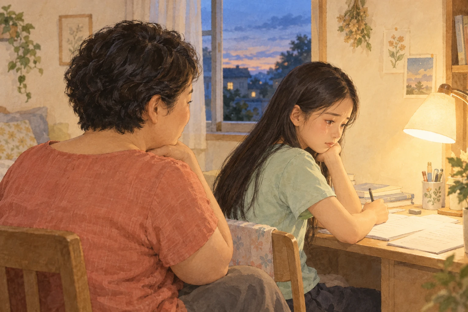 夏の夜、不安を抱く娘の隣に母が座る架空のイメージ。母は短い巻き髪・ふっくらした輪郭・珊瑚色の半袖、娘は長い黒髪・細面・ミント色。母の肩越しの視点にし、対面する机の定番構図を避けた。人物と室内は創作で、著者親子の容姿の再現ではない。