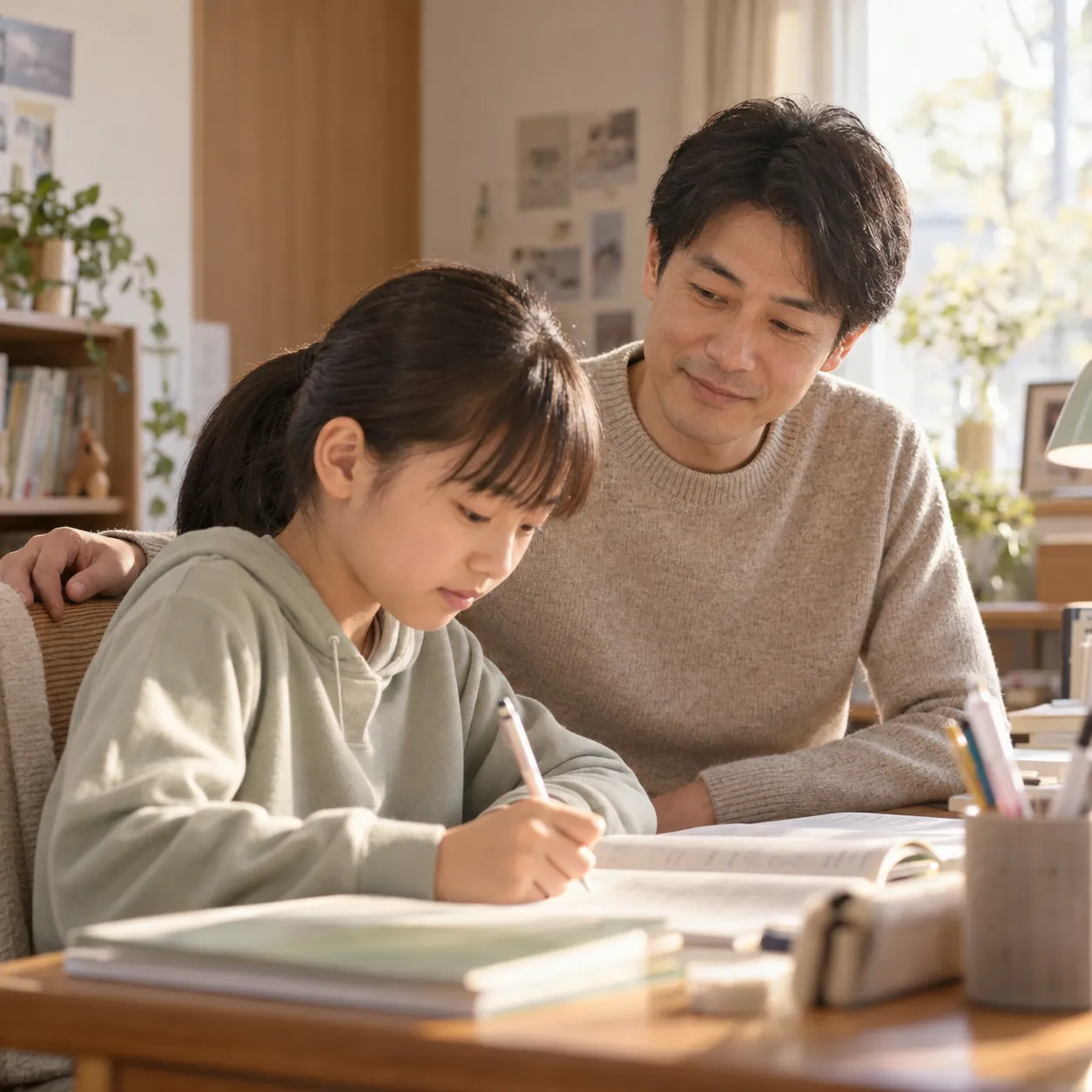 勉強に取り組む娘のそばで、温かなまなざしで見守る父親