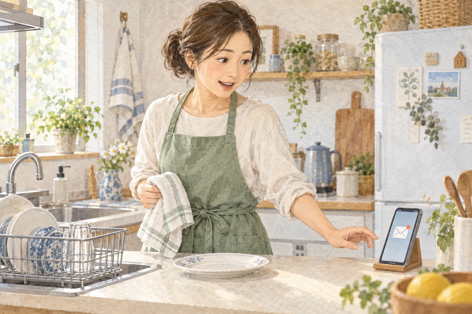 台所で食器を片づける途中、スマートフォンに届いたメール通知に気づく保護者のイラスト