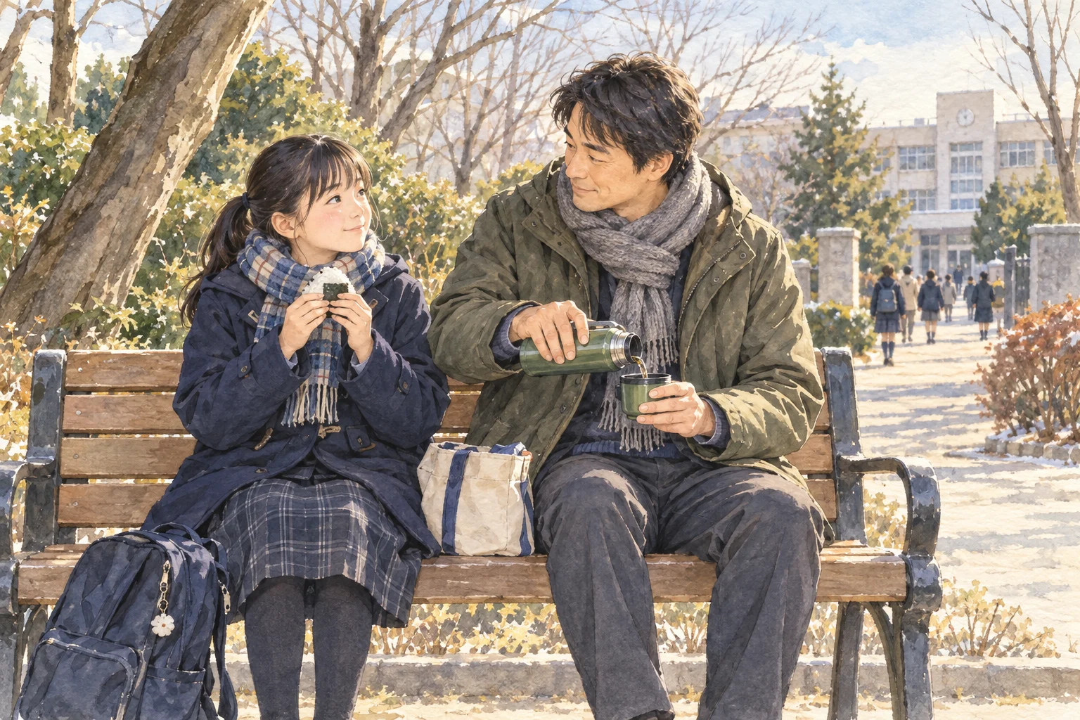冬の公園のベンチで、試験の合間に親子が昼食と温かいお茶で休憩する水彩イラスト