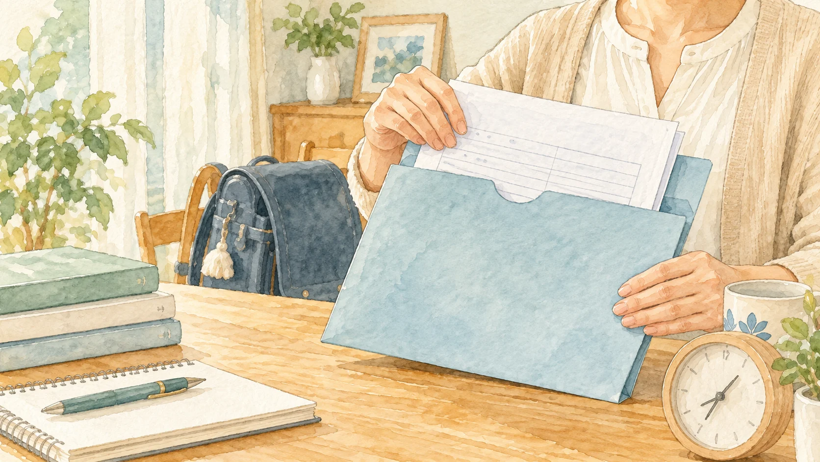 入学手続きの書類と時計を手元で確認するイメージ