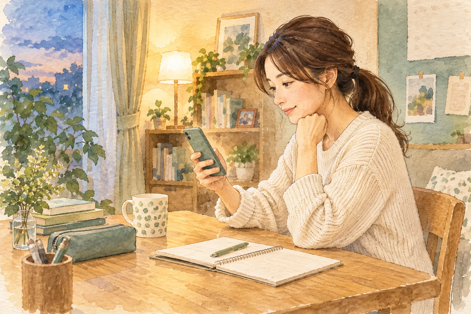 夜にスマートフォンで予定のお知らせを確認する保護者のイメージ