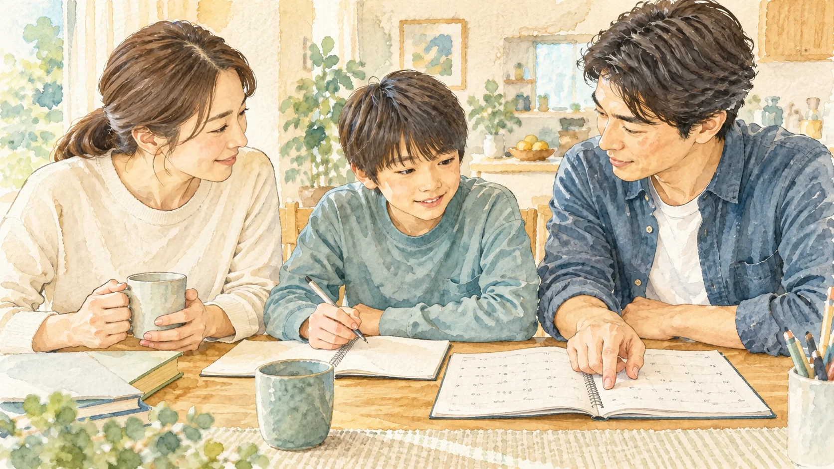 カレンダーとノートを囲み、受験の予定を笑顔で相談する親子のイメージ
