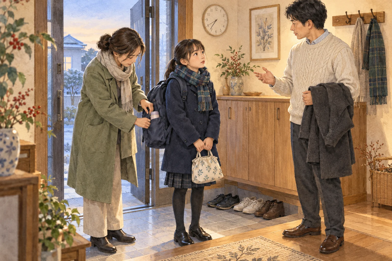 出発前の玄関で持ち物を確認し、当日の付き添いについて相談する家族の水彩イラスト