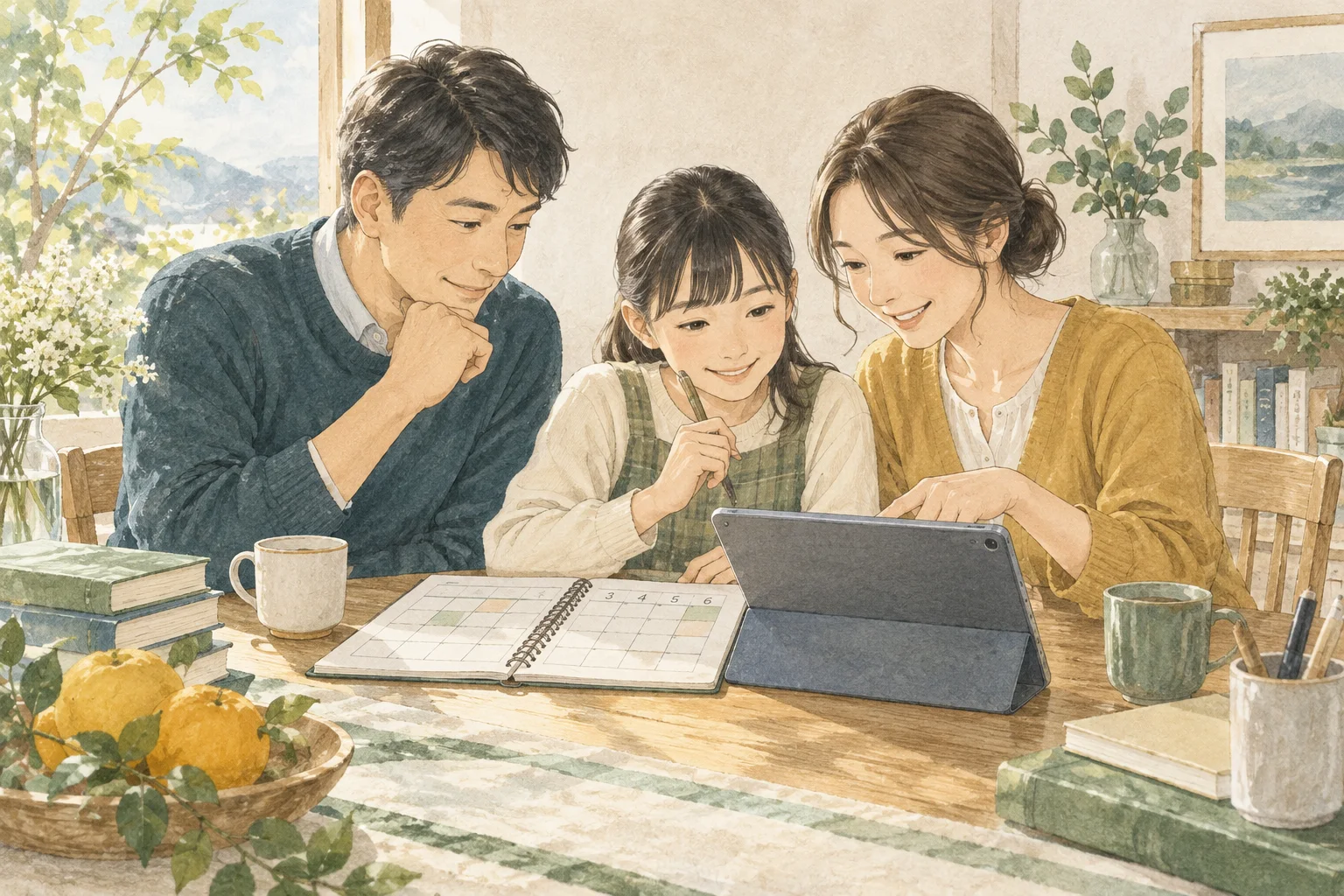 同じ予定を見ながら受験の準備を相談する家族のイメージ