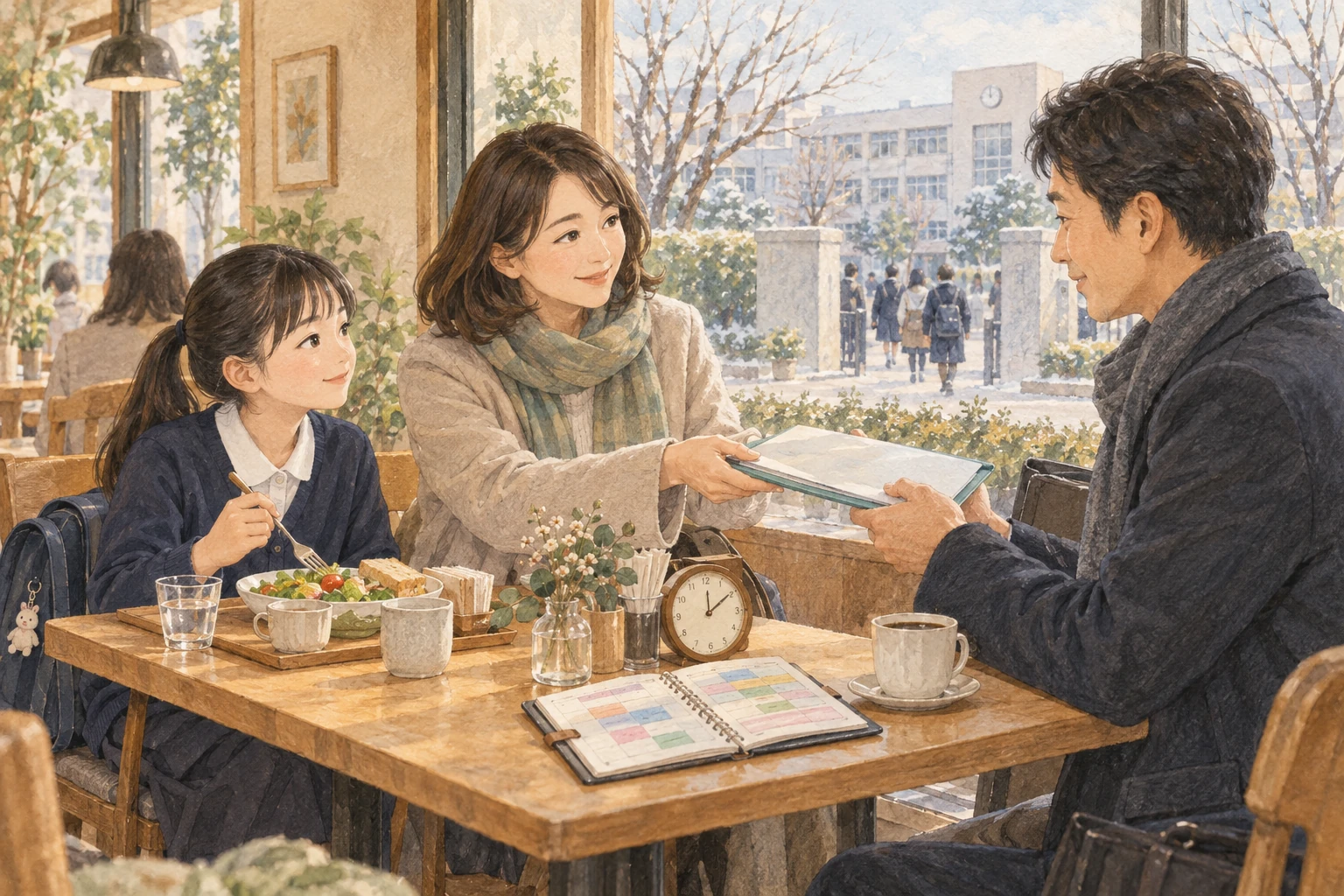 午前の入試後、昼食の席で午後の付き添いを交代する家族