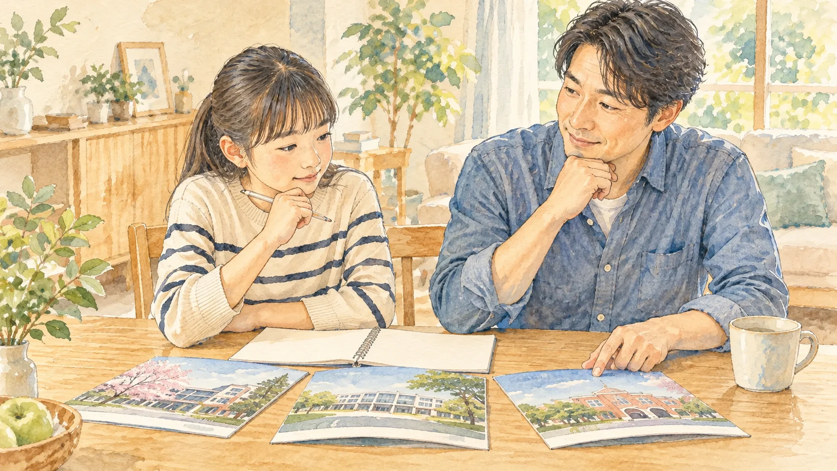 学校案内を広げ、候補校について相談する父親と娘の水彩イラスト