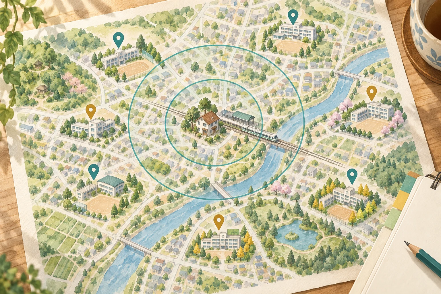 家と駅を起点に、距離の円と学校のピンが広がる地図の俯瞰イラスト
