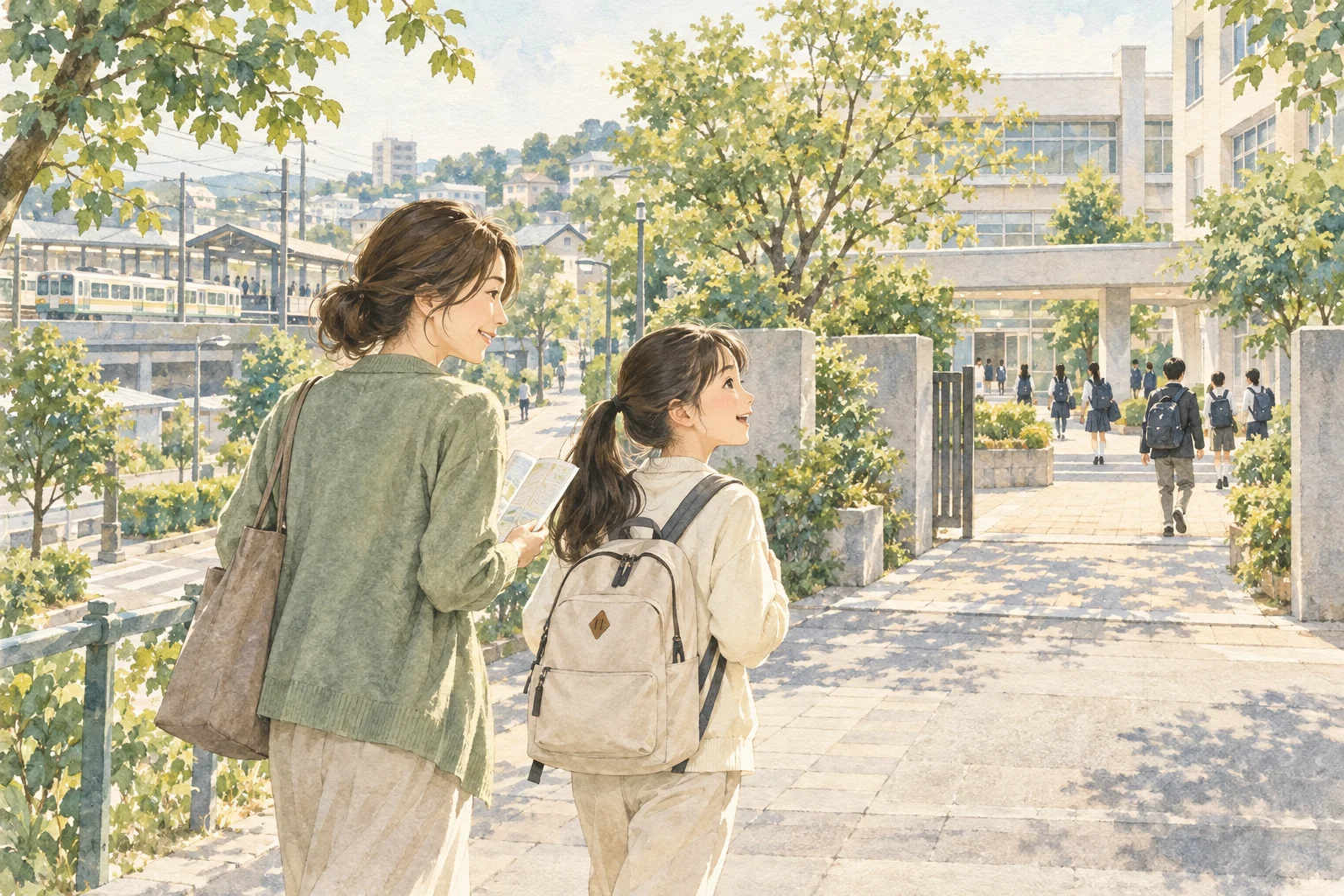 通学経路を確認しながら学校見学に向かう親子