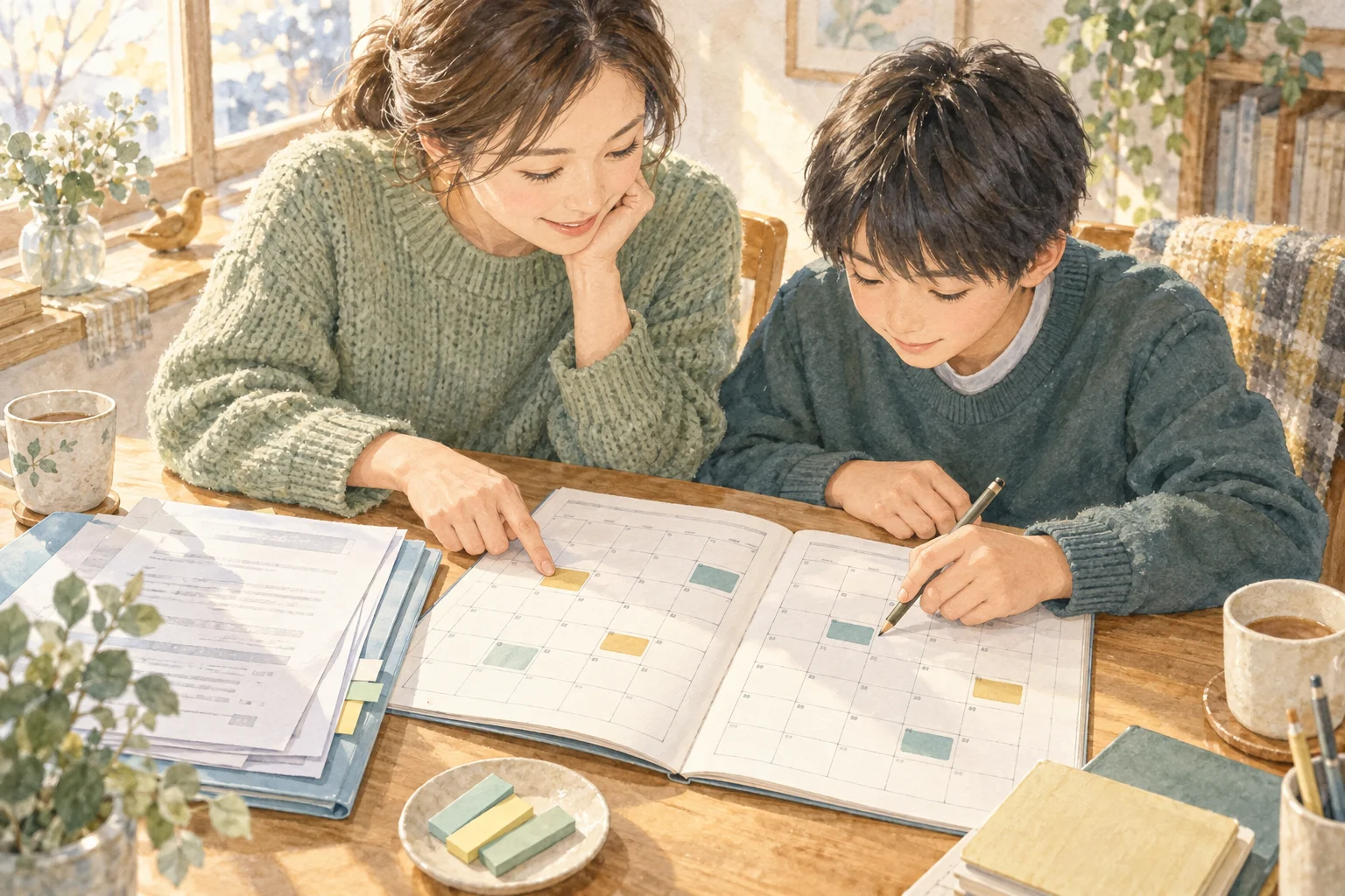 親子が見開きの予定表と出願書類を並べ、月をまたぐ期限を確認するイラスト