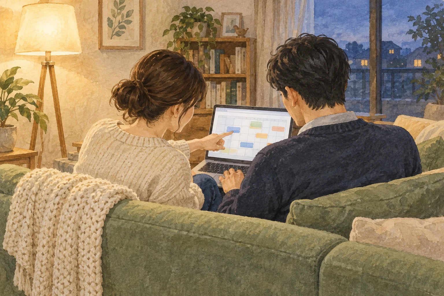 パソコンの受験計画を見ながら相談する保護者のイメージ