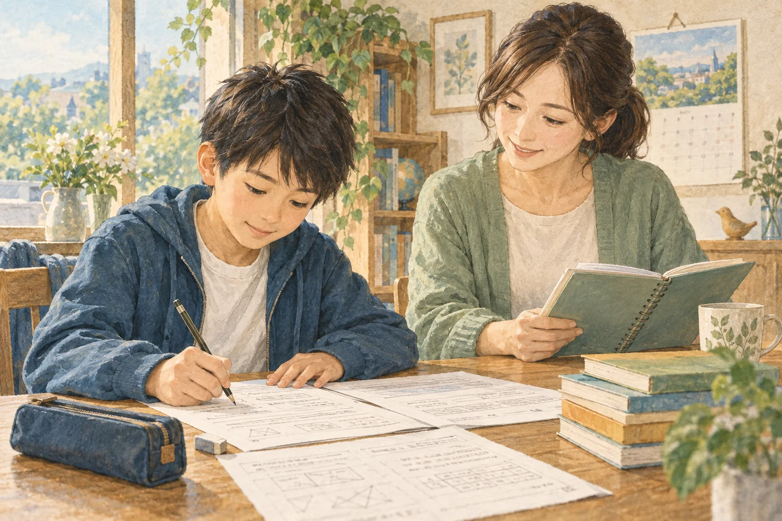 過去問に取り組む子どもをそばで支える保護者のイメージ