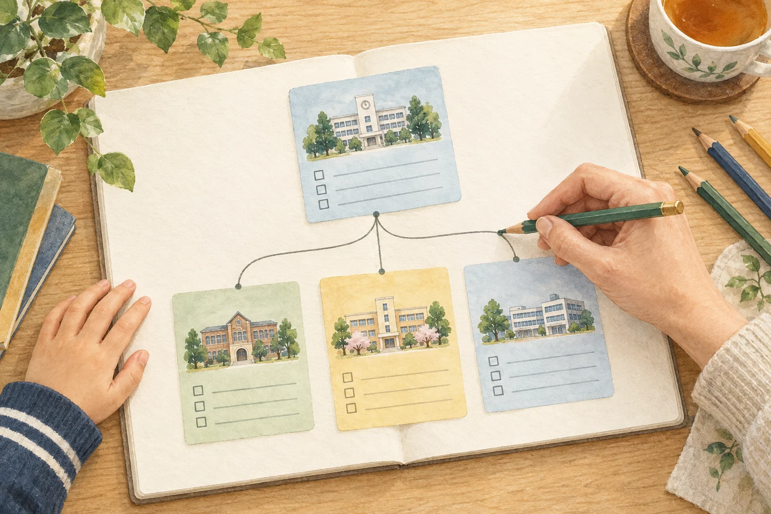 ノートに学校の候補カードを並べ、次の受験先への分岐を線で整理するイラスト