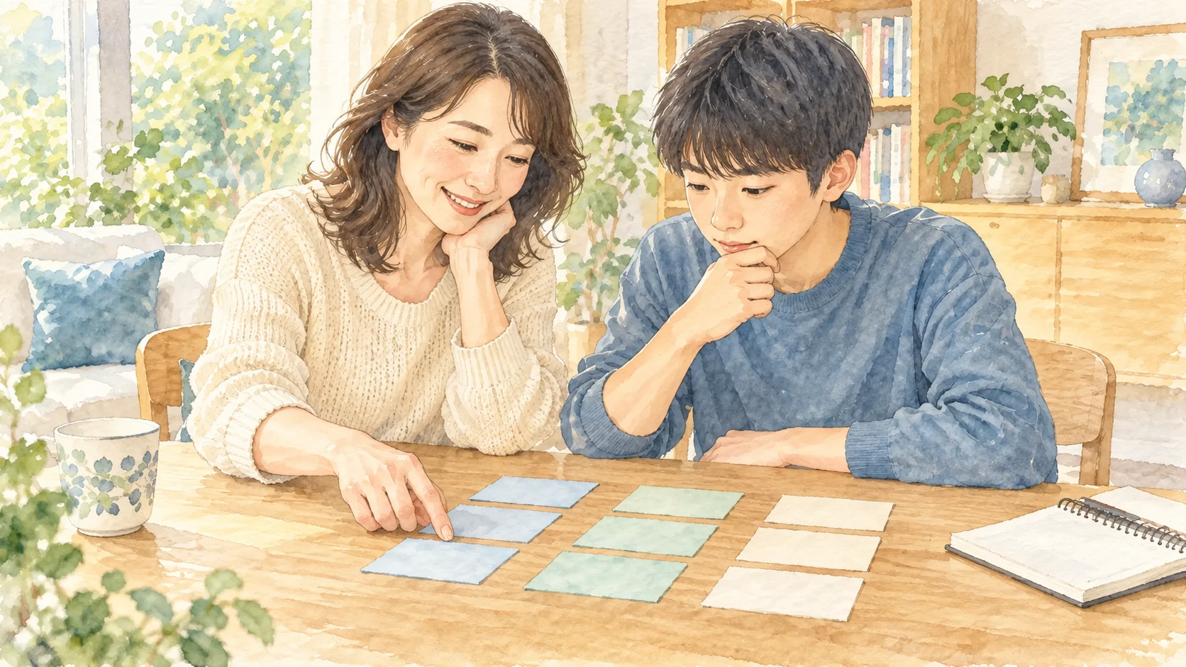 複数の候補を並べて次の予定を相談する親子のイメージ