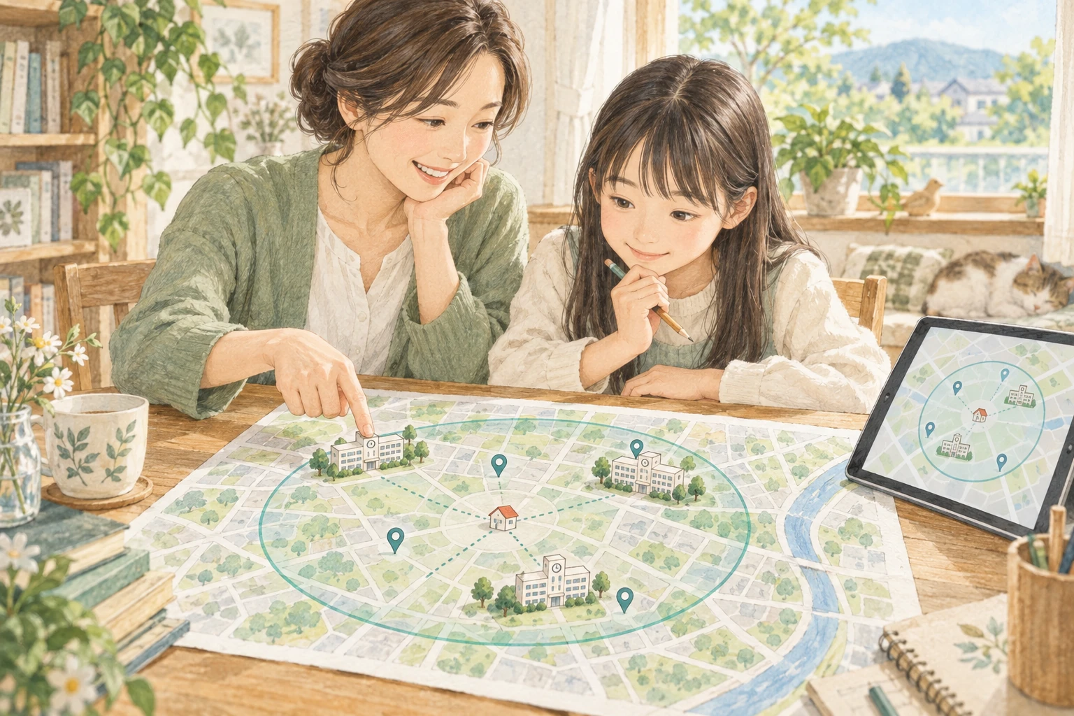 地図と学校の模型を見ながら、候補校を相談する親子