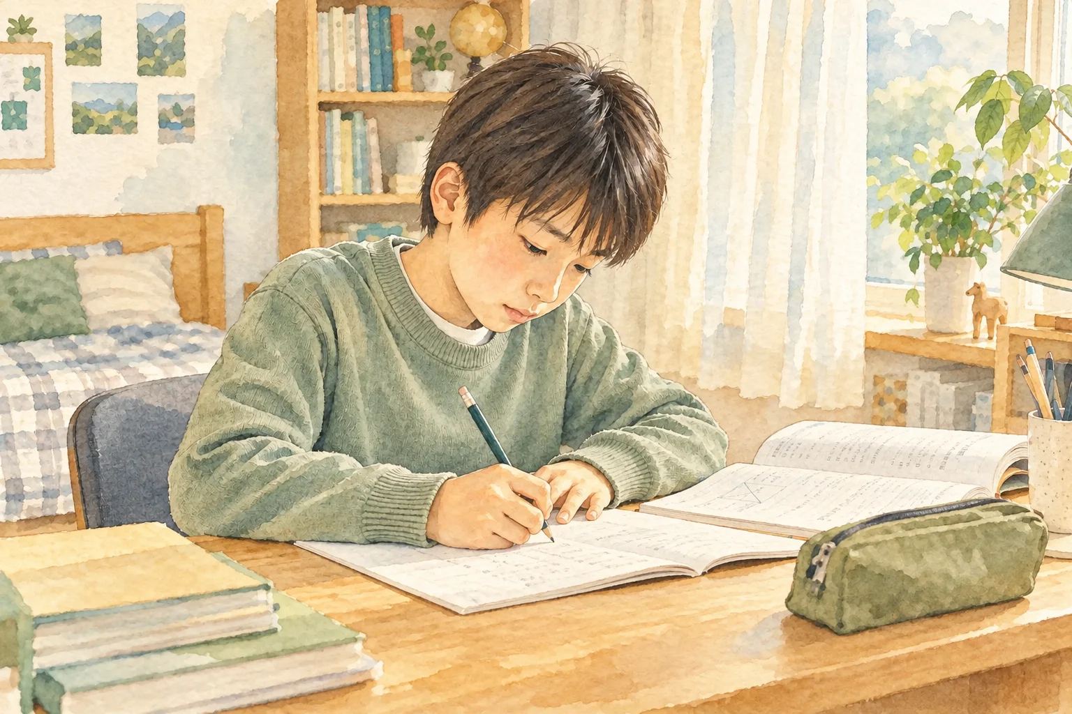 机で問題集に取り組む小学生のイメージ