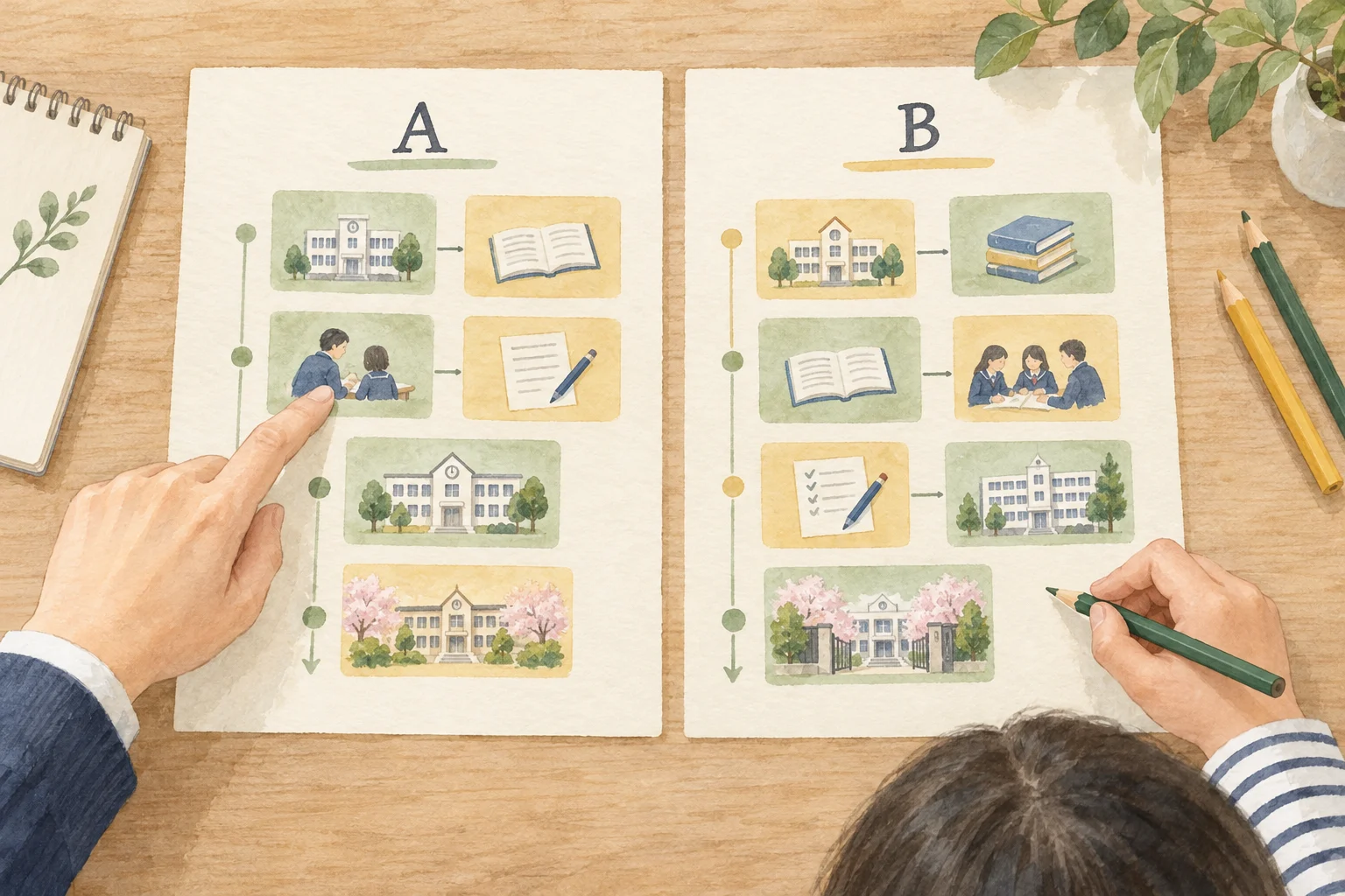二つの予定表に学校のカードを並べ、受験する順番を比較する水彩イラスト