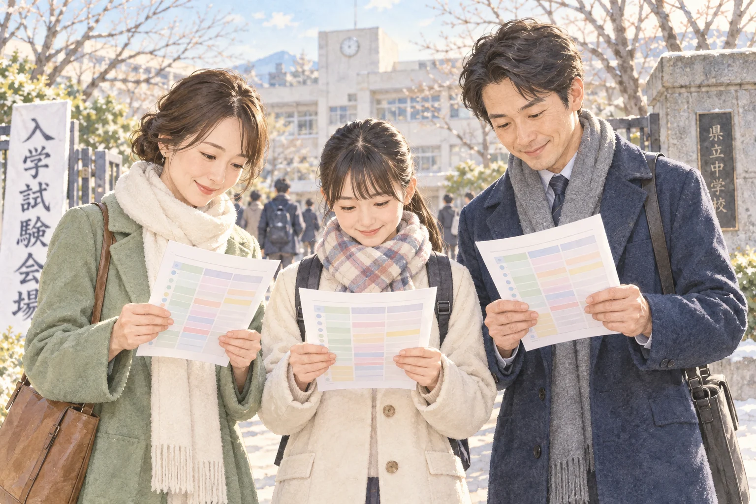 受験当日の朝、父・母・受験生がそれぞれ印刷した一日のスケジュールを手に、予定を確認している様子