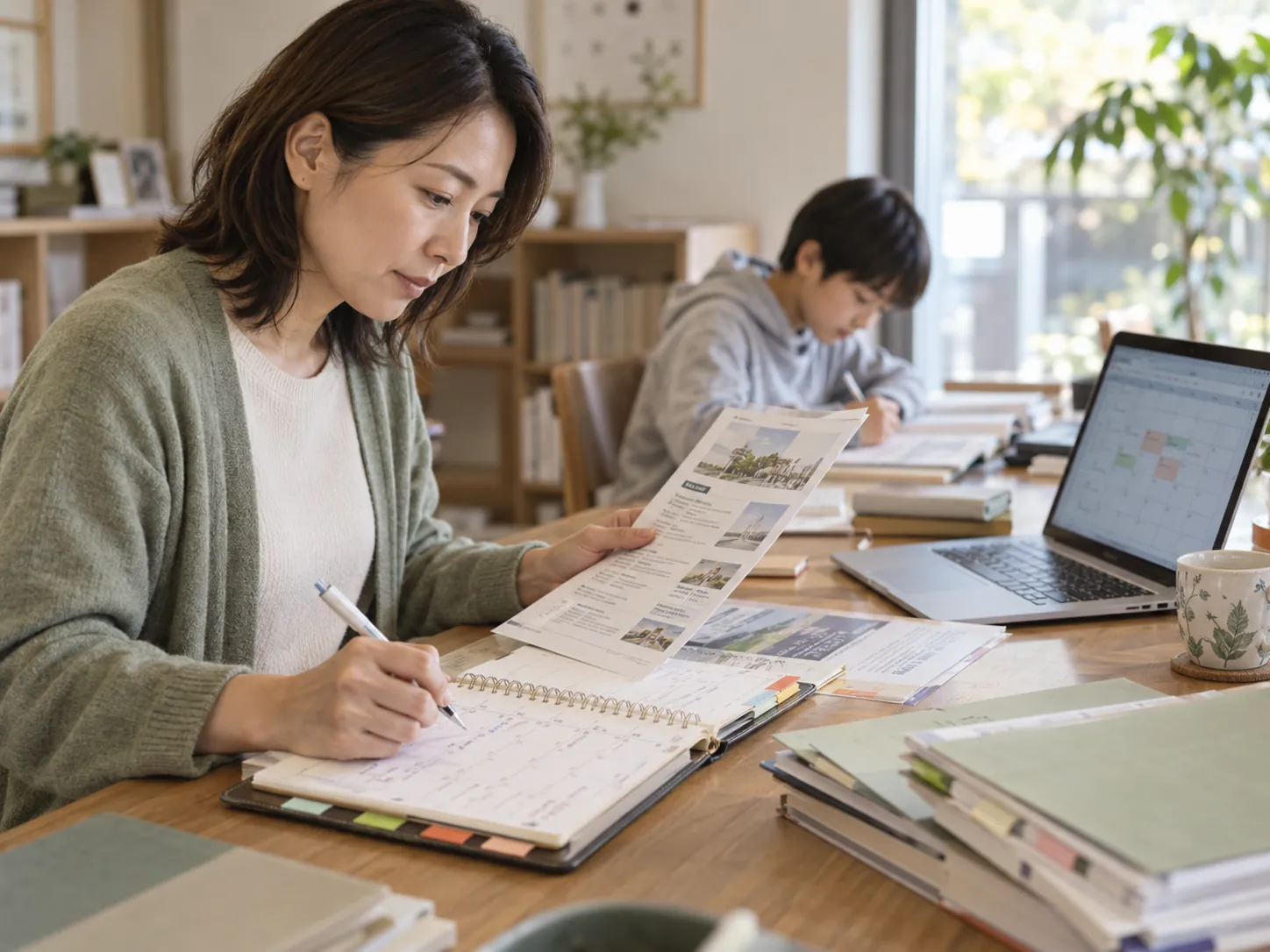 勉強に集中する子どものそばで、募集資料・手帳・カレンダーを照合して受験日程を確認する保護者
