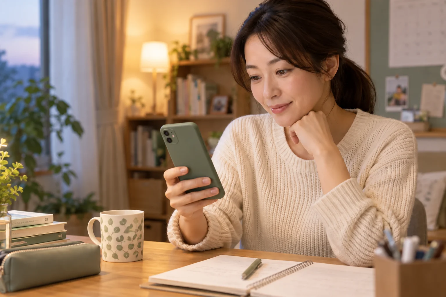 夜、自宅でスマートフォンに届いた予定のお知らせを確認する保護者